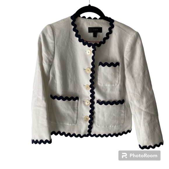NWOT J. Crew blazer white linen navy Rick rack wavy trim SZ 00. - Picture 16 of 16